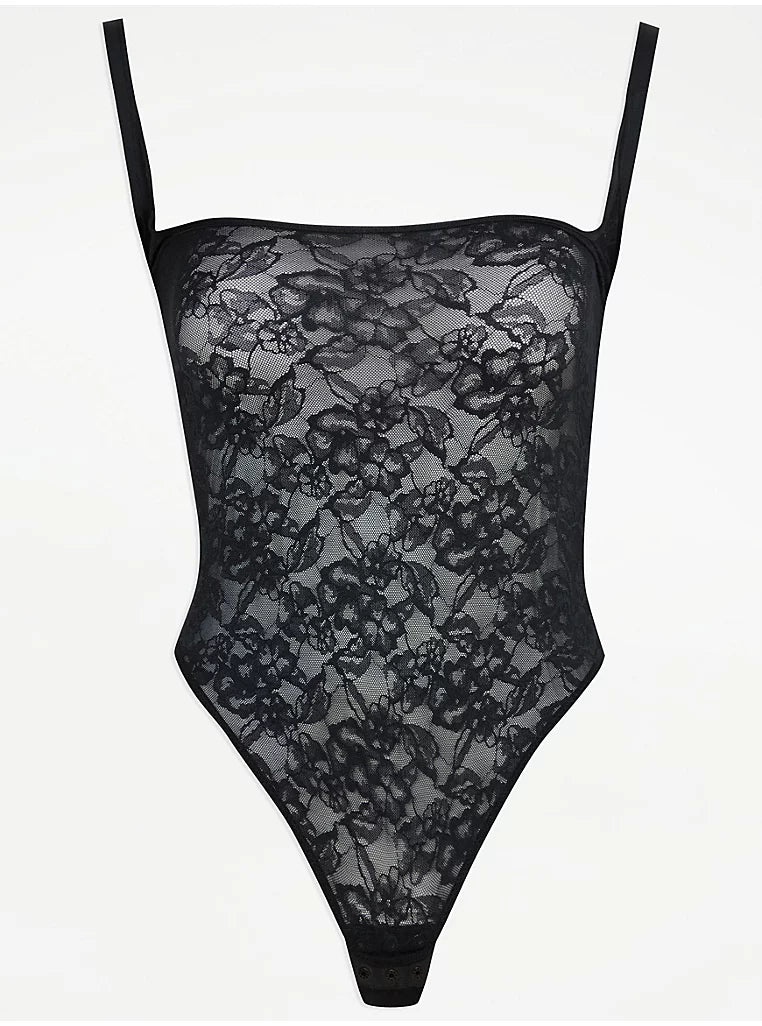 Black Sheer Lace Thong Bodysuit